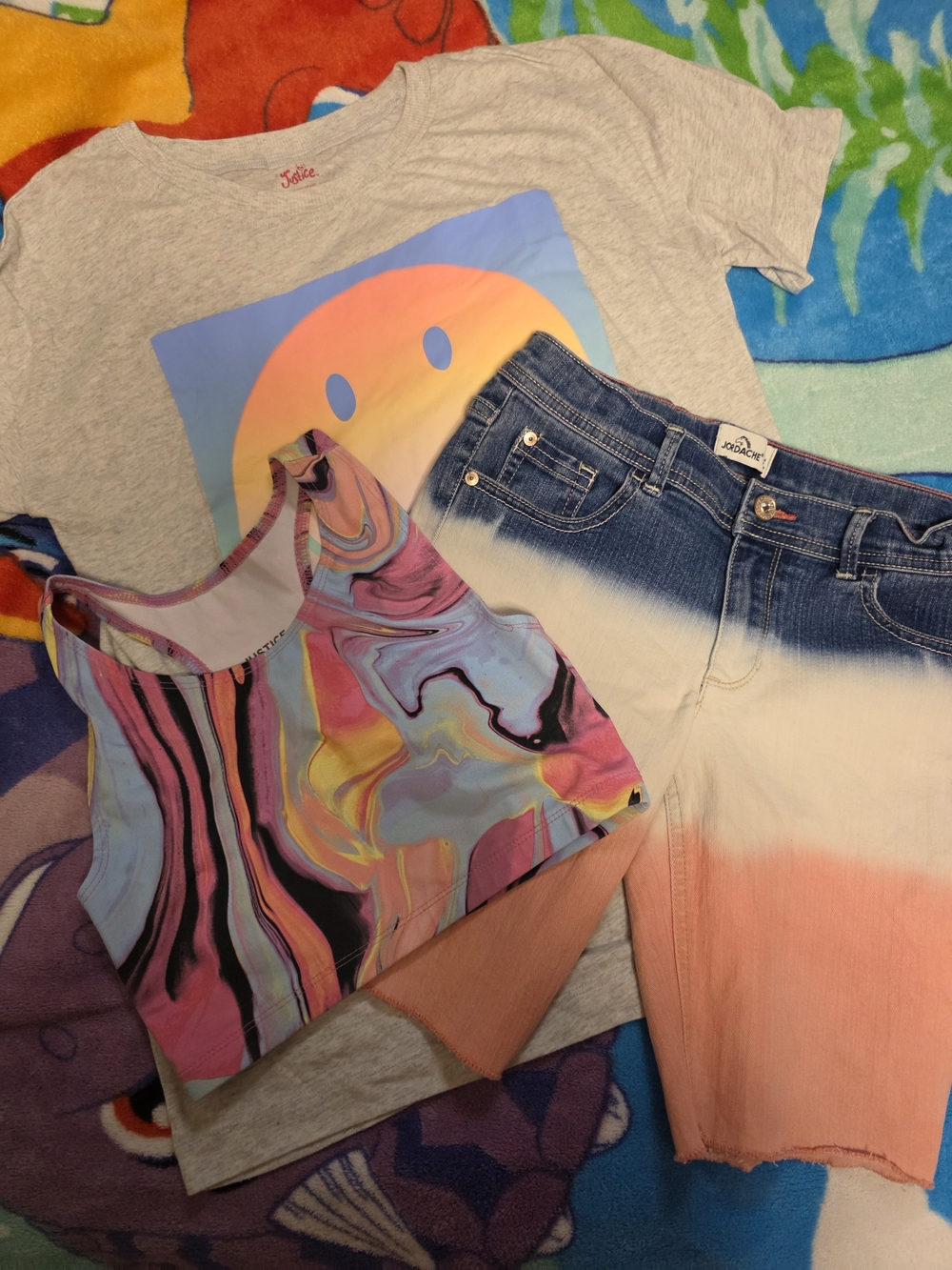 Justice Girls' Multicolor Marble Crop Top & Light Gray Smiley Tee Set